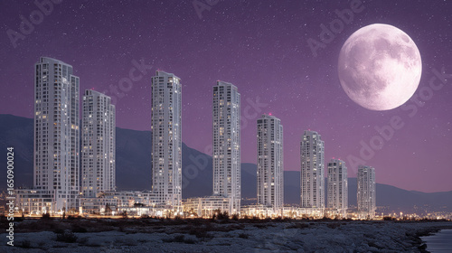 Cityscape night with tall buildings illuminated starry sky and large full moon, creating surreal