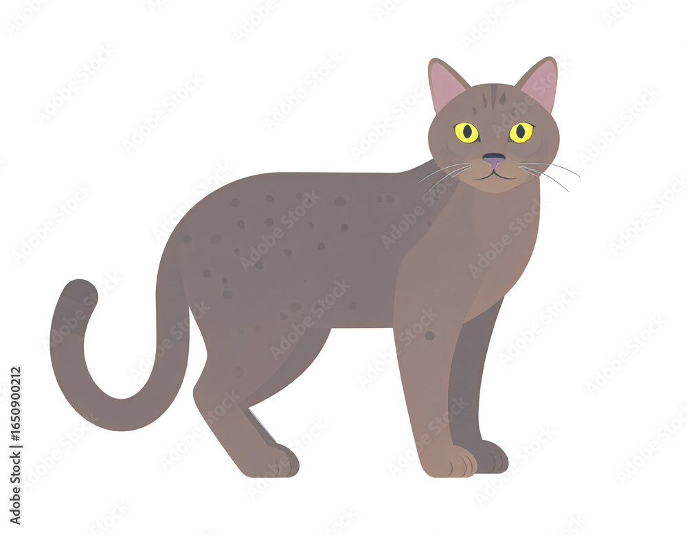 Stylized illustration of a brown spotted cat with bright yellow eyes standing and looking at the camera. Stylized illustration of a brown spotted cat with bright yellow eyes standing and looking at the camera.