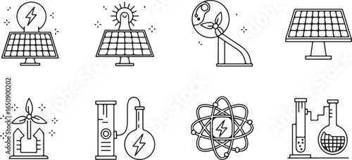 Vector art of collection of icons representing renewable energy sources like solar panels and wind turbines, alongside scientific research and atomic energy concepts, isolated on a white background