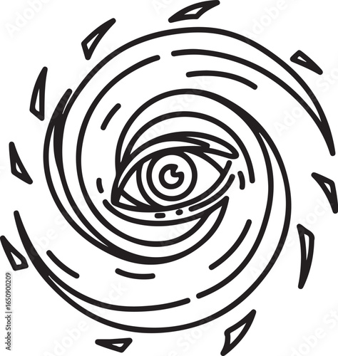 Vector art of abstract eye symbol with swirling lines and triangular elements, isolated on white background
