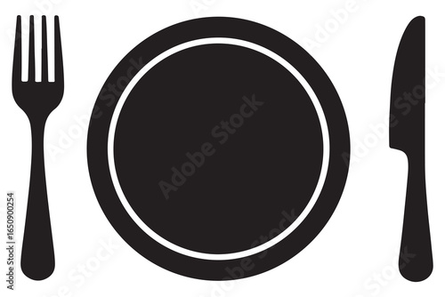 Knife fork and plate silhouette vector icon illustration isolated on white background

