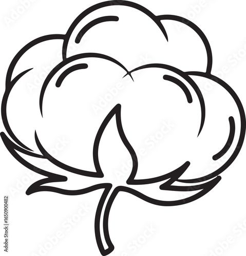 Vector art of a simple black and white line drawing of a cotton plant boll, isolated on a white background, symbolizing natural fibers and organic materials