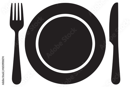 Knife fork and plate silhouette vector icon illustration isolated on white background
