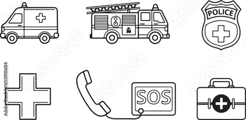 Vector art of collection of emergency service icons including ambulance, fire truck, police badge, medical cross, sos signal, and first aid kit, isolated on white background