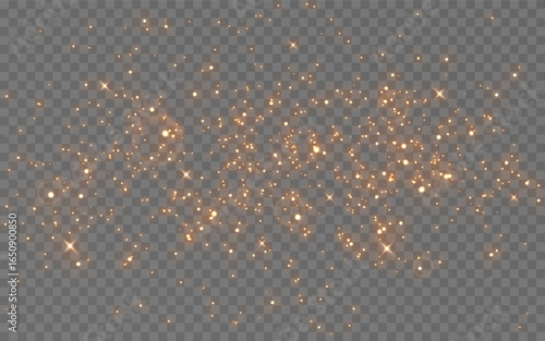 Glitter gold light sparkles. Festive glowing particles. Christmas glow for holiday, celebration or magic design. Gold decoration with stars and bokeh. Vector illustration.