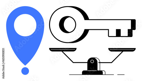 Location pin beside a key and balanced scales, symbolizing navigation, access, justice, and decision-making. Ideal for concepts thumbs up security, equality, travel law trust and balance. Simple