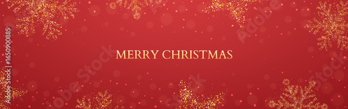 Christmas background with snowflakes and stars. Festive red banner with sparkling golden elements. Elegant decoration with bokeh. Xmas border for holiday greeting card. Vector illustration.