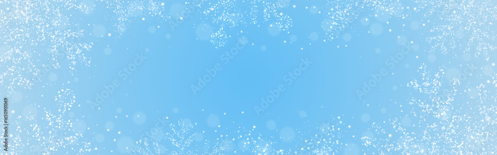 Snowflakes background. Winter blue texture with frozen effect. Christmas elegant frosty template with sparkling white bokeh and glitter snow. Holiday card or banner backdrop. Vector Illustration. Snowflakes background. Winter blue texture with frozen effect. Christmas elegant frosty template with sparkling white bokeh and glitter snow. Holiday card or banner backdrop. Vector Illustration.