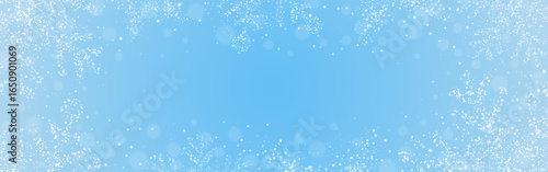 Snowflakes background. Winter blue texture with frozen effect. Christmas elegant frosty template with sparkling white bokeh and glitter snow. Holiday card or banner backdrop. Vector Illustration.