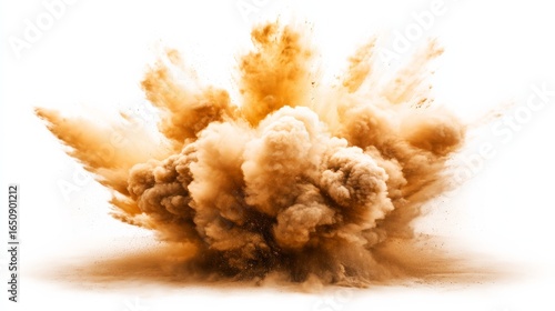 A dynamic explosion with a burst of dust and debris, warm brown and gold tones, rapid forceful movement,