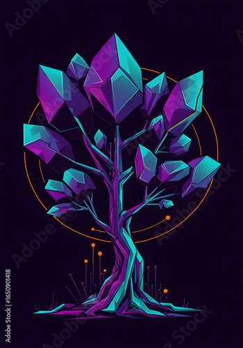 Neon Crystal Tree Abstract Digital Art.
