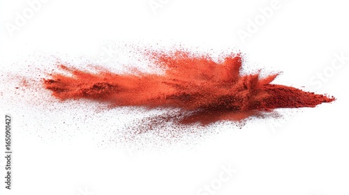 A dynamic burst of red powder disperses in mid air against a stark white background, symbolizing rapid motion, energy,