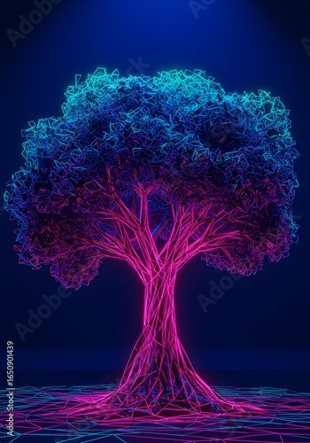 Neon Glowing Tree Digital Art Abstract Nature.