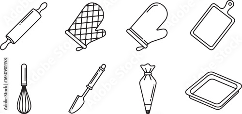 Vector art of collection of baking and kitchen tools including a rolling pin, oven mitts, cutting board, whisk, spatula, piping bag, and baking tray, isolated on white background