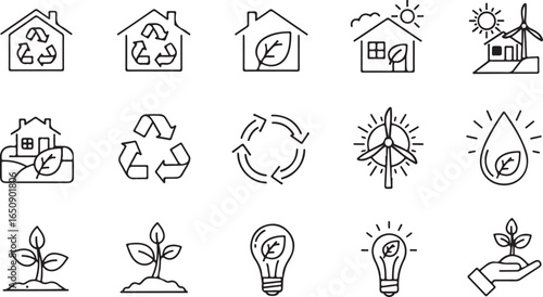 Vector art of collection of handdrawn ecofriendly icons representing sustainability, renewable energy, and nature, isolated on white background