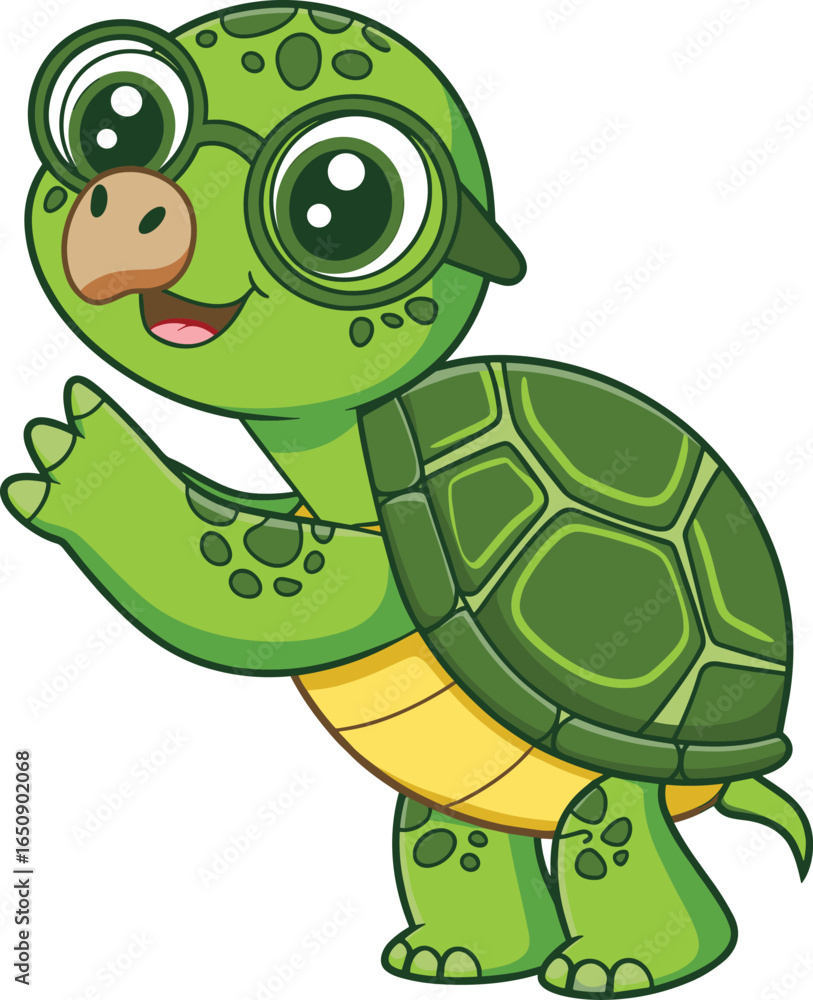 Fototapeta premium Adorable cartoon turtle wearing glasses, happy green turtle with spotted shell, smiling kid-friendly animal illustration, vector art design, digital drawing