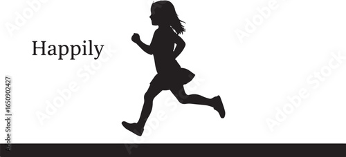 Vector art of silhouette of a happy young girl running, isolated on white background, symbolizing childhood joy, freedom, and energetic movement
