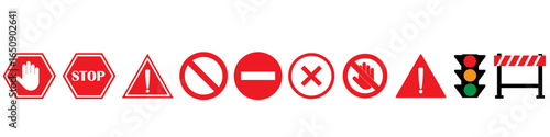 Free Download Set of warning and prohibition signs in red and black . Includes stop, hand, danger, no entry, traffic light, and barrier icons. Flat vector style for safety, traffic, construction, or alert use. icon - GFXLoad
