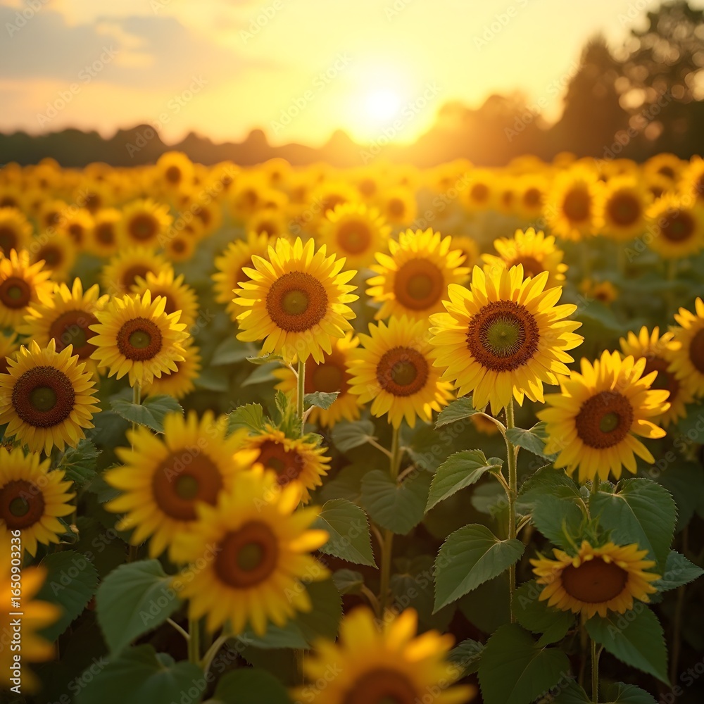 Fototapeta premium Sunflower Field with Golden Light, of sunflowers