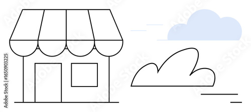 Minimalistic storefront structure with striped awning, a surrounding bush, and a cloud in the sky. Ideal for retail, business growth, entrepreneurship, e-commerce, community, branding simple landing