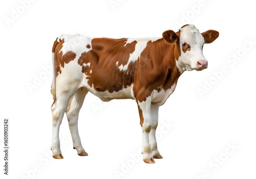 High quality image of a young brown and white dairy cow standing against a black background