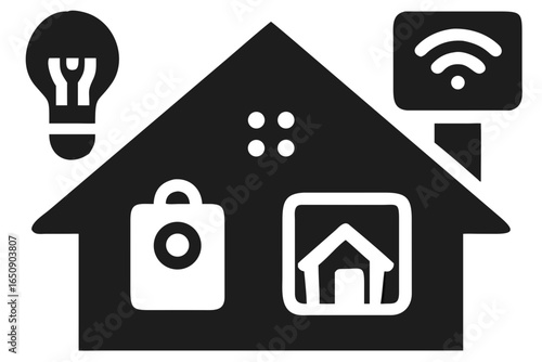 Dark grey icon of a smart home with lightbulb, lock, and Wi- Fi symbol house