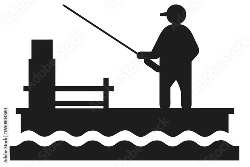 Fisherman on a pier casting a fishing rod into the water silhouette reel