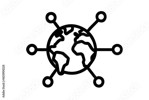 Outline icon of the Earth connected to multiple nodes in a network globe world