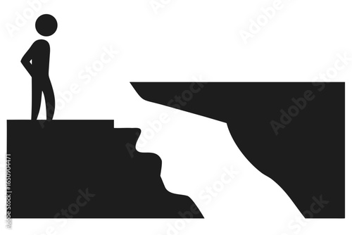 Silhouette of person standing on cliff edge looking into abyss woman