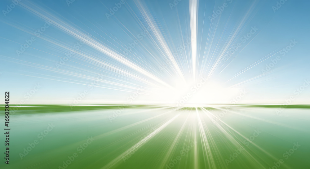 Obraz premium Bright Sunburst Over Green Field and Blue Sky rays