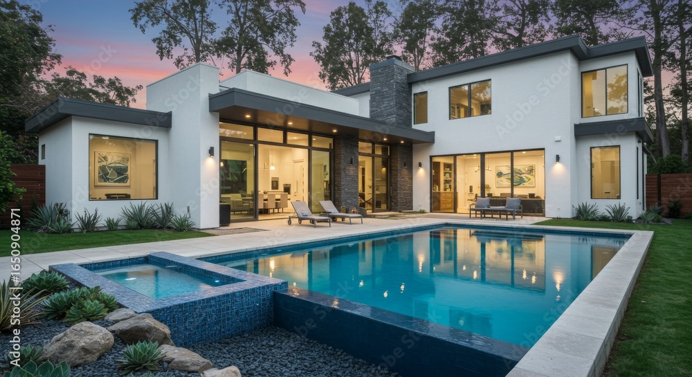 Fototapeta premium Contemporary Luxury Home with Infinity Style Pool and Modern Outdoor Living Space