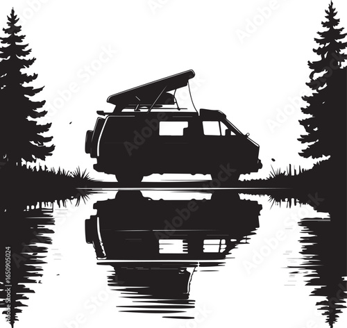 Campervan adventure reflection serene lakeside camping trip