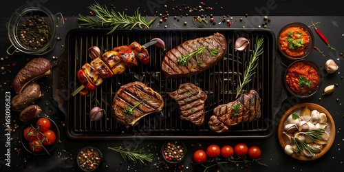 Assorted grilled meat with fresh herbs and vegetables,  including steaks and a kebab, placed on a black grill pan. 