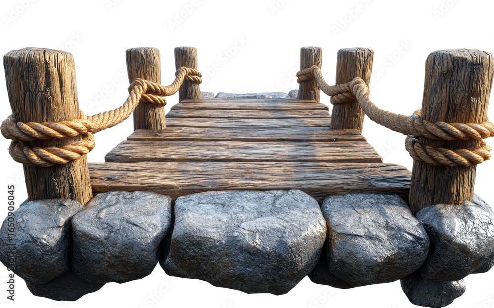 Fototapeta premium Weathered wooden dock with rope detailing resting on large gray rocks for natural outdoor scenes, PNG, isolated on transparent background.
