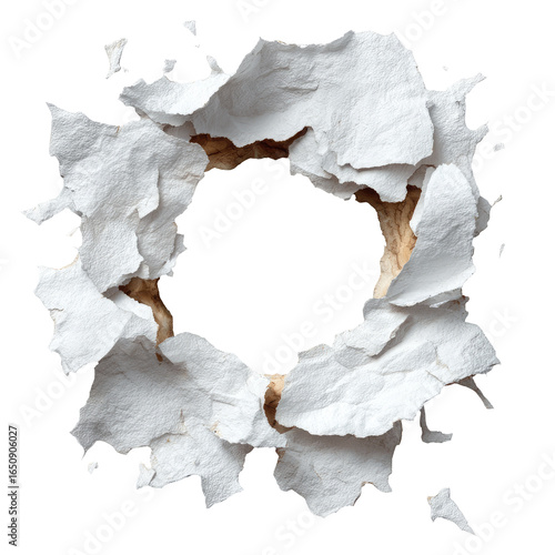 A circular hole pierced through white paper, showing ragged edges and a dark center.  Paper fibers are torn and fanned outward in a radiating pattern around the hole