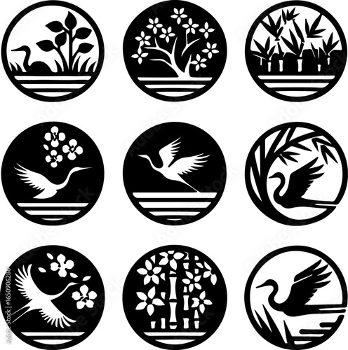 Nine circular emblems featuring stylized Japanese cranes, flora, and bamboo in black and white.
