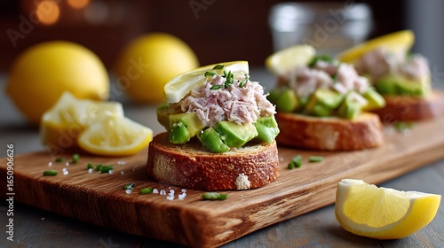 Asymmetrical arrangement of mini toasts topped with creamy avocado, tuna flakes, and lemon juice on a rustic wooden board, with scattered lemon wedges and avocado slices.