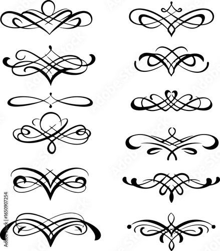 A collection of ornate black decorative flourishes and swirls, perfect for elegant designs.