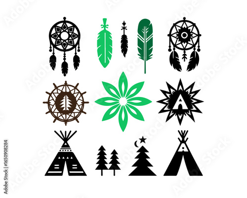 A collection of black tribal inspired symbols including dreamcatchers, feathers, teepees, and geometric designs.