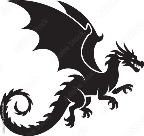 Majestic black dragon soaring with powerful wings, fierce