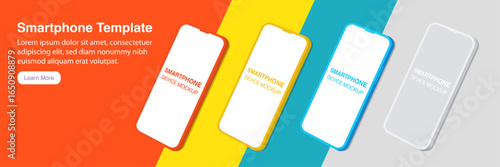 Smartphone Banner Template – Colorful Mobile Phone Mockup Design in Red, Yellow, Blue, and Gray for Website Header, App Presentation, Social Media, and Digital Advertising Vector Illustration