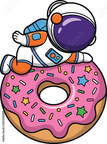 Cute astronaut riding pink frosted donut with sprinkles, cartoon space explorer food concept, colorful vector art for digital designs