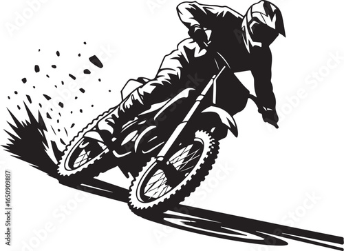 Dynamic motocross rider leans into turn kicking up dirt