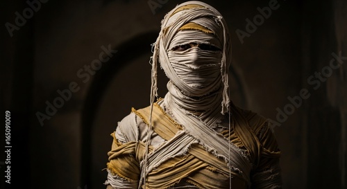 Ancient Egyptian mummy with eyes peering out from bandages in dim, atmospheric light