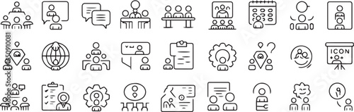Teamwork and collaboration icons set, people meeting, online video conference, chat bubbles, calendar planning, location pin, presentation board
