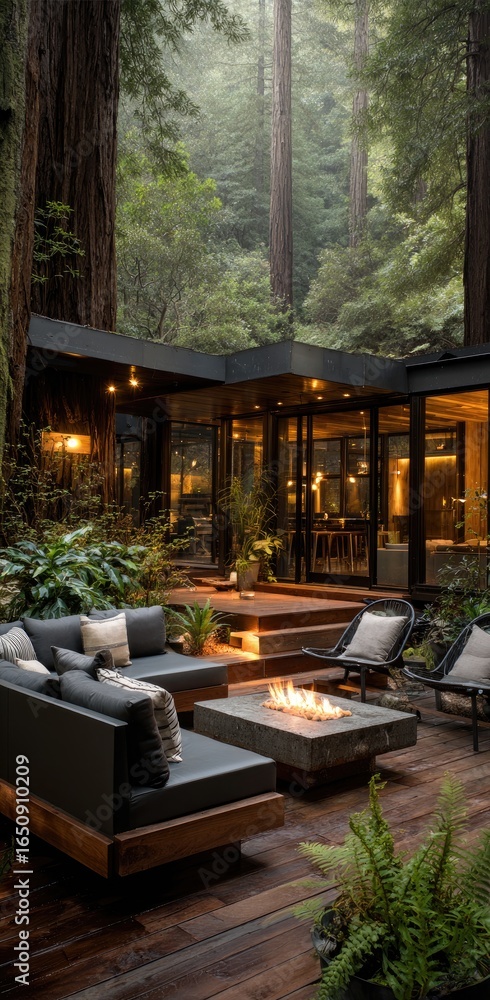 Fototapeta premium Modern outdoor living area nestled within redwood forest