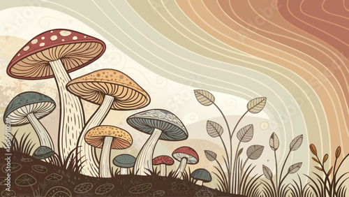 "Abstract earthy gradients with stylized fungi outlines for Mushroom Picking, rustic and adventurous with copy space"  