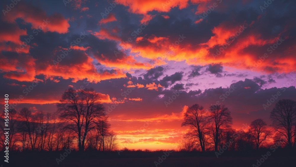 Fototapeta premium Vivid sunset sky with colorful clouds and silhouetted trees on the horizon.