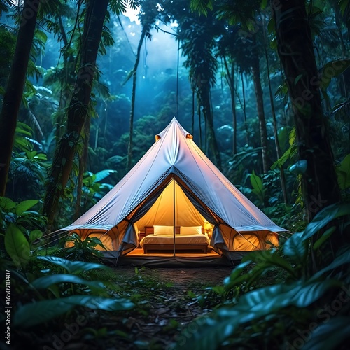 Serene Glamping Tent Illuminated Amidst a Lush Verdant Forest Setting