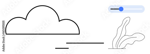 Abstract cloud outline with a slider control suggesting adjustability, coupled with minimalist plant shapes. Ideal for weather, customization, environment, simplicity, digital control, modernity